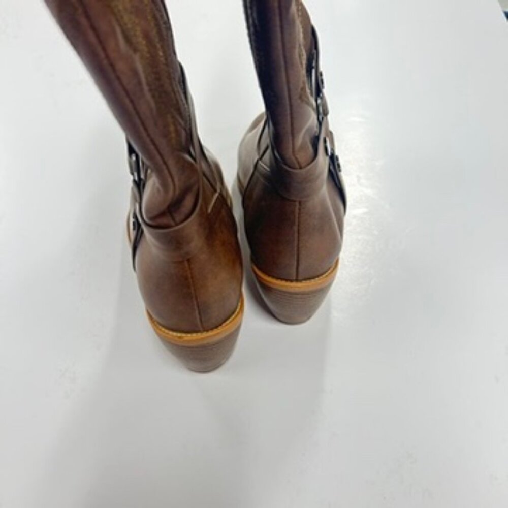 Brown Western Cowboy Boots Size‎ 39.5 / 9.5 Harness Mid Calf Stacked Heel - Picture 6 of 8
